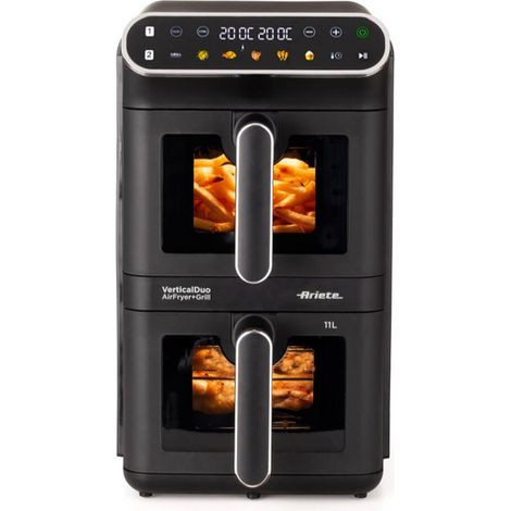 Ariete 4640 Air Fryer Vertical Duo - Friteuse à air double verticale, 11 L, 2460 W, 6 programmes, fonctions Sync et Dual, jusqu'à 200 °C, noire
