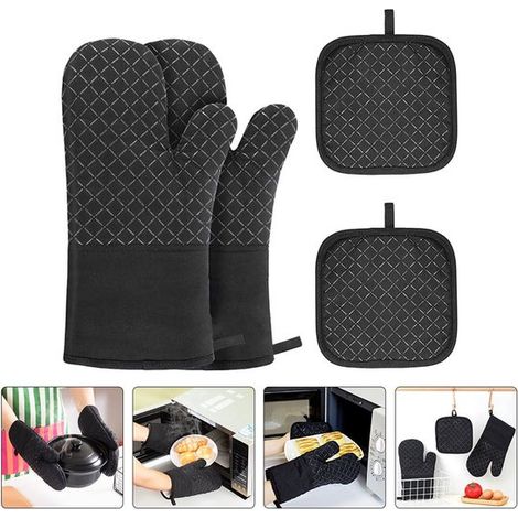 Set di guanti da forno (4 pezzi), composto da guanti da forno e tappetino protettivo con superficie in silicone antiscivolo, colore nero. (1/5)