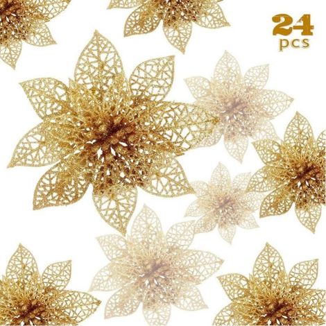 Fleurs de Noël, 24 fleurs de Noël scintillantes, fleur de Noël scintillante creuse, poinsettia arbre de Noël fleurs artificielles décor ornement, décoration pour mariage, fête, Noël (or) (1/5)