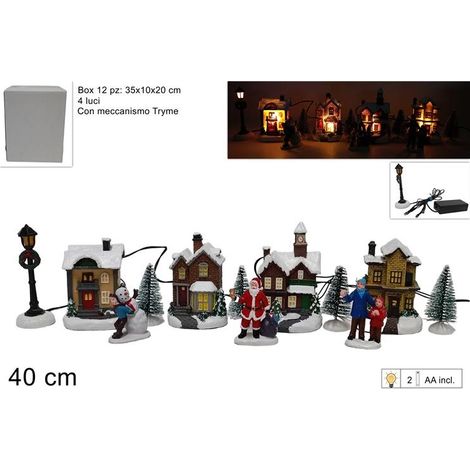 Decorazione Villaggio Natalizio Natale 4 Case Batteria 12 Pezzi