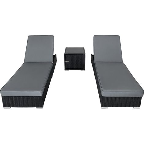 Sonnen-Liegestuhl-Set 3-Stück Rattan Schwarz Sonnenbett mit