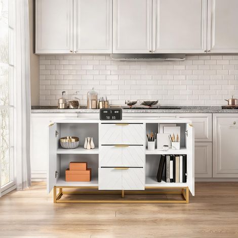 Buffet blanc et or 120 cm 2 portes et 3 tiroirs 120 x 40 x 76 cm (1/5)