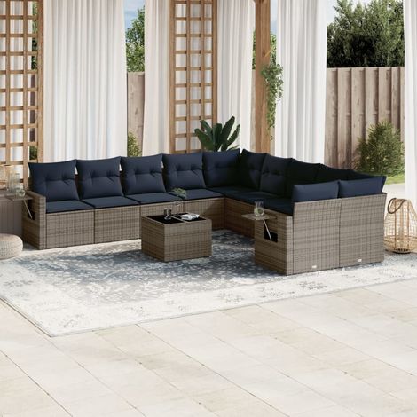 Salon de jardin modulable 11 pièces en résine tressée grise avec coussins bleu marine, 87.07kg - PANGIVO (1/5)