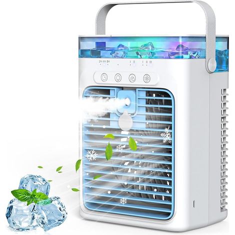 Climatiseur Mobile 4 en 1, Mini Climatiseur Portable sans Évacuation, Ventilateur Climatiseur USB, 3 Vitesses, 2 Modes Brumisation, Réservoir 1000ML, Minuterie 2/4/8H, Silencieux pour Chambre Voiture (1/5)