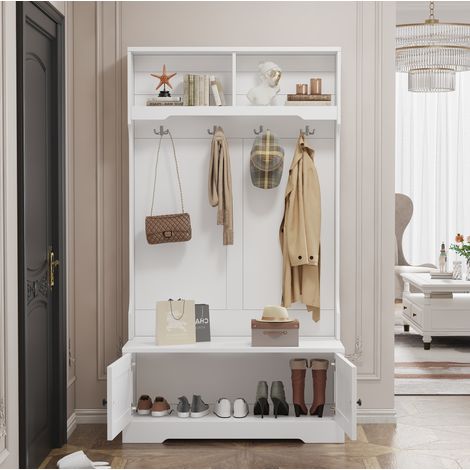 FLORAGRACE Meuble d'entrée blanc avec banc range-chaussures, 4 crochets, 2 casiers ouverts, rangements fermés, charnières silencieuses, 101,5 x 47 x 183 cm (1/5)
