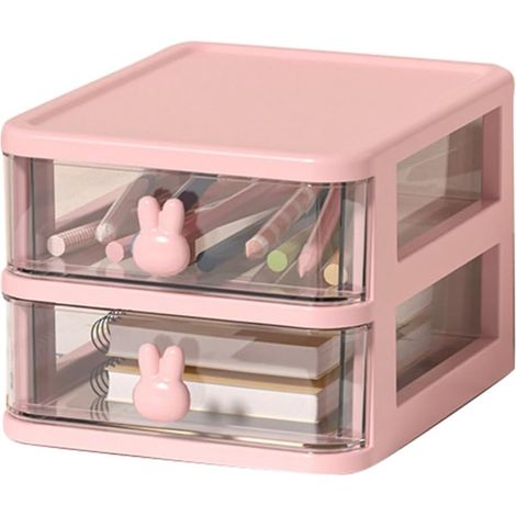 Caja organizadora de escritorio, plástico transparente de varias capas, gran capacidad, con asa de conejo y pequeño cajón, ideal para almacenar libros y bolígrafos (Rosa, 2 niveles, 13,4x17x11 cm)