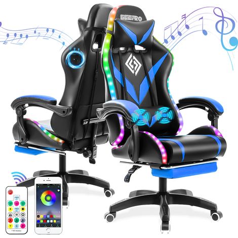 RGB Gaming Chair with Bluetooth Speakers, LED Lights, Ergonomic Massage Computer Gaming Chair PU Leather with Footrest High Back, Lumbar Support, Blue+Black