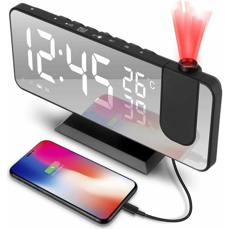 Réveil à projection, réveil numérique avec projection, radio-réveil avec connexion USB, grand écran LED, Snooze double alarme, luminosité de la projection avec variateur automatique, (1/4)
