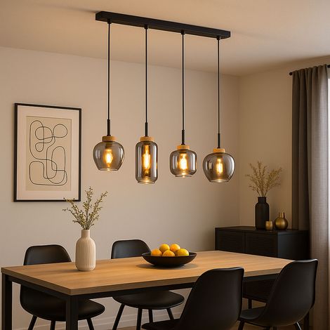 Pendelleuchte Esszimmerlampe hängend 4-Flammig rauch Hängelampe Rauchglas, Metall, 4x E27 Fassungen, LxBxH 96x23x120 cm