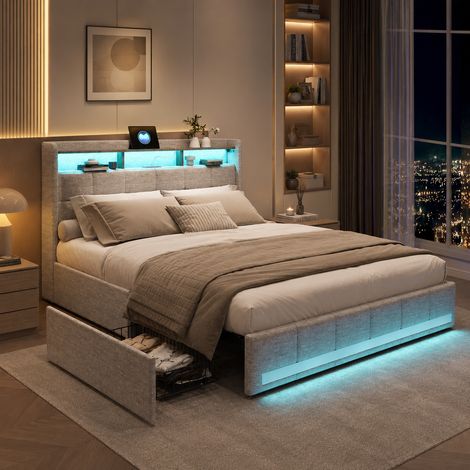 Lit Double 180x200 avec Sommier, Éclairage LED Personnalisable et Charge USB/Type-C, Lit Rembourré avec 4 Tiroirs de Rangement et Tête de Lit Multifonctionnelle en Lin pour Chambre, Moderne,king size,