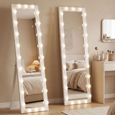 Miroir sur pied 150x40 cm LED avec 24 ampoules, 3 températures de couleur, autoportant ou inclinable, blanc (1/5)