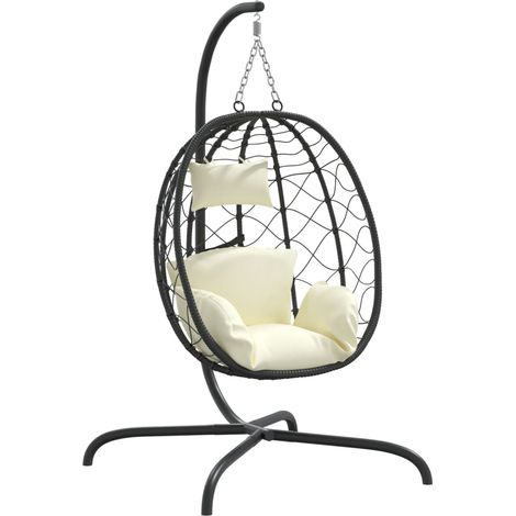 Sillón colgante con forma de huevo y cojín de ratán sintético y acero color blanco crema vidaXL