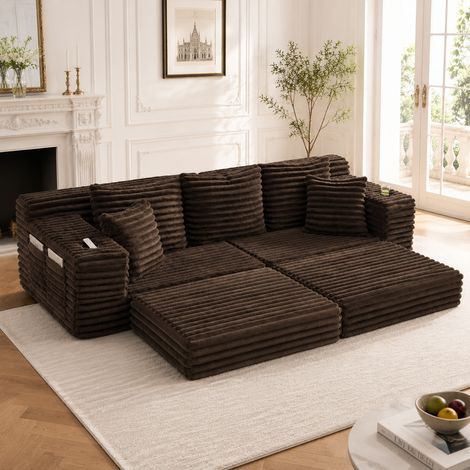 Cordstoff-Kompressionssofa mit hoher Rückenlehne und Zusatzkissen, beidseitigen Taschen und Getränkehaltern, frei kombinierbar als Schlafsofa, weiche Polsterung für maximalen Komfort, Kaffeebraun (1/5)
