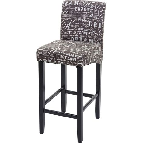 Sgabello alto bar lounge elegante HHG-525 legno tessuto 105x39x53cm grigio con scritte piedi scuri (1/5)
