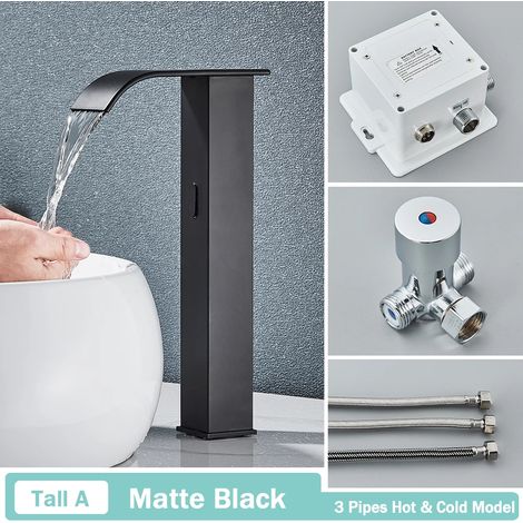 (Noir, format haut) Robinet de lavabo intelligent noir à capteur sans contact, mitigeur automatique à cascade, eau chaude et froide, style Crane (1/5)