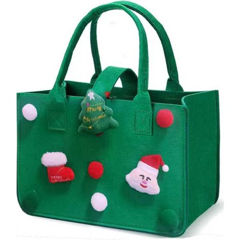 Sac de Courses Cabas, 30  20  18 cm Panier a Courses avec Poign茅e, Rectangulaire Corbeille Feutre avec Anse, Sac de Courses Reutilisable pour Journaux (Vert No毛l) (1/5)