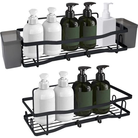 Étagère Murale Salle de Bain sans Percage, Lot de 2 avec Crochets, Supports Adhésifs et Porte-Brosses à Dents Inclus, Noir