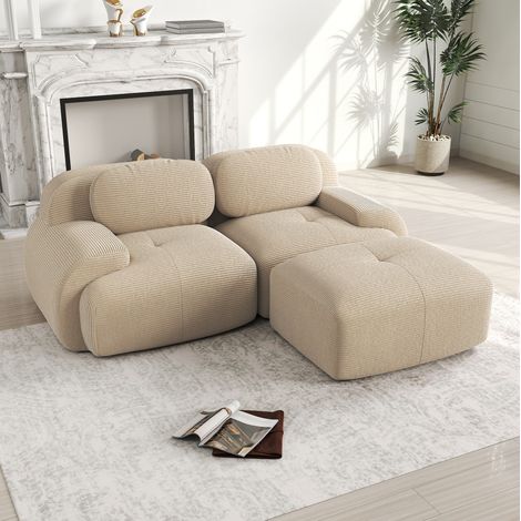 Sofá rinconero modular de pana beige, 208 x 178 x 70 cm, sin montaje HAVRYA (1/5)