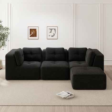 Canapé d’angle modulare in velluto a coste nero, 3 posti con ottomana, seduta profonda 74 cm, senza montaggio (1/5)