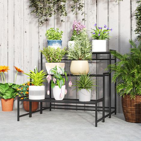 Blumentopfständer, 3-stufiger Pflanzenständer in Treppenform, Blumentopfgestell für drinnen und draußen, Metall, Schwarz (1/5)