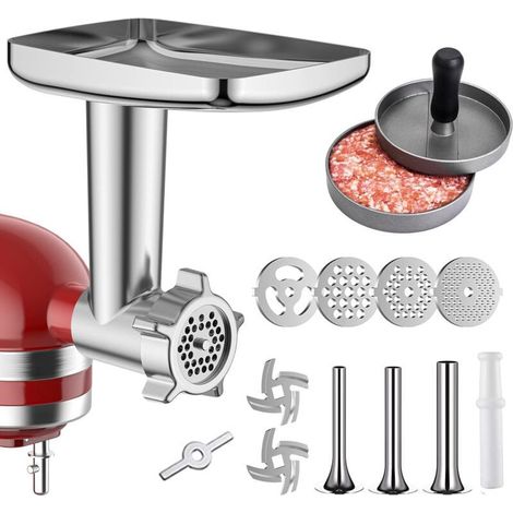 Accessorio tritacarne in metallo per KitchenAid – 4 piastre in acciaio inox – Capacità 1,8 kg/minuto – 3 tubi per salsicce inclusi (1/5)