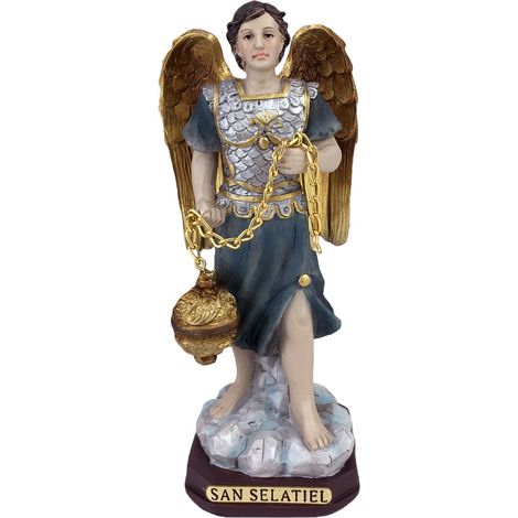 Figura religiosa di San Selatiele in resina con dettagli in oro e catene