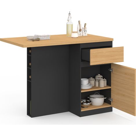 Idmarket – Îlot central 120 cm – Bois noir et plan de travail hêtre – 4 personnes – Rangement avec 4 étagères bouteilles et placard