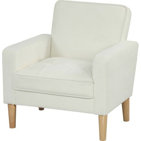 Fauteuil rembourré avec accoudoirs, dossier inclinable, pieds en bois d'hévéa, blanc crème (1/5)
