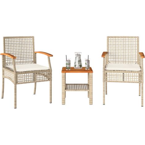 Mesita y sillas con cojines 3 pzas ratán PE madera acacia beige vidaXL (1/5)