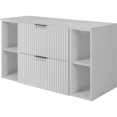 Furnidea - Meuble sous vasque FLOW BLANC 100 cm avec 2 x l'étagères - extensions et plan - 2 tiroirs - façades rainurées (1/5)