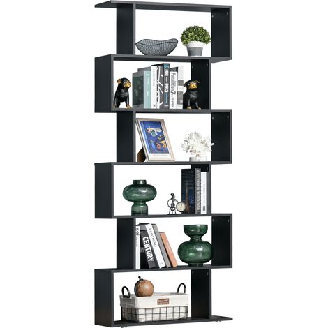 Étagère bibliothèque à 6 tablettes en bois en forme de S, 80 x 24 x 191 cm, noires (1/5)