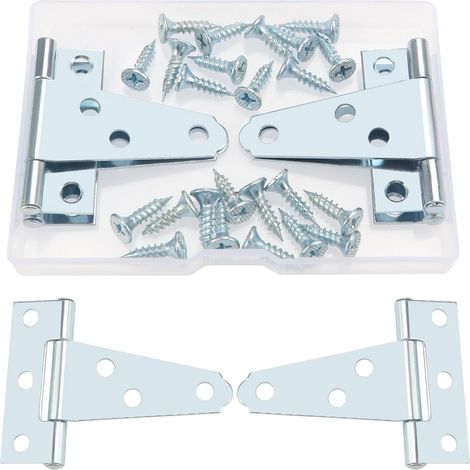 4 Pièces 50mm Charnières en T Détachées Pour Porte de Grange - Métallique Avec 24 Vis - Pour Fenêtres, Abris de Jardin, Clôtures Extérieures - Argent (1/5)