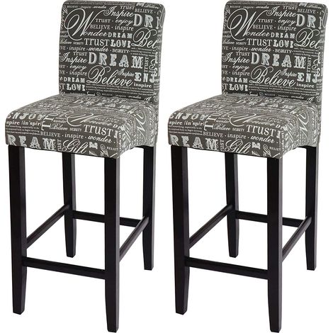 Set di 2 sgabelli da bar in tessuto grigio con fantasia scritta con piedi scuri e poggiapiedi TDB04074