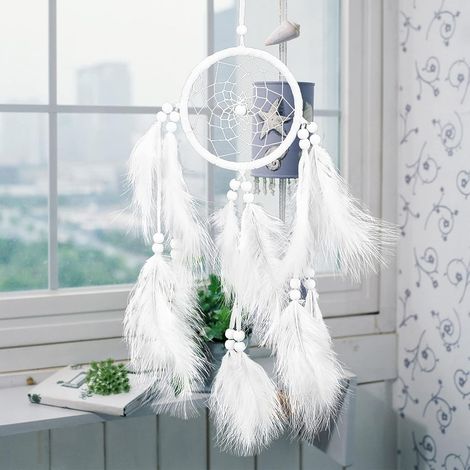 Attrape-rêves, Cercle Attrape-rêves, Fait à la Main Grand Attrape-rêves Pendentif Suspendu Artisanat Cadeau Salon décoration de la Maison(Blanc) (1/5)
