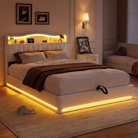 Cama Doble de 160 x 200 cm – Cama para adultos – Cama con almacenamiento – Iluminación LED RGB – Puerto USB Tipo-C – Terciopelo Beige (1/5)