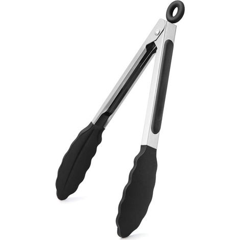 1 pince de cuisine, 18 cm, embouts silicone ondulés résistants à 250 °C, poignée acier inoxydable 430, idéale pour barbecue et poêles antiadhésives