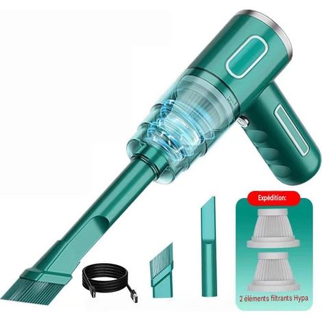 Aspirateur portable sans fil rechargeable vert, aspirateur à main puissant pour voiture et maison, 2 filtres HEPA et accessoires inclus (1/4)