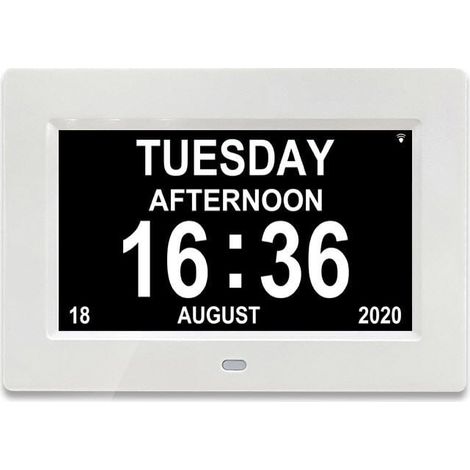 7-Zoll-LCD-Digitaluhr mit Kalender und Datum, Kalenderuhr mit Datum, Tag und Uhrzeit, Alzheimer-Uhr, Uhr für Senioren, für Eltern (weiß) (1/4)
