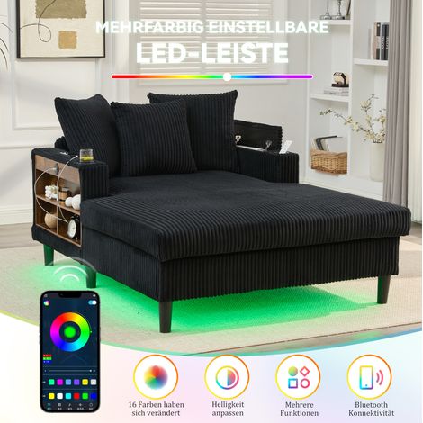 Chaiselongue multifonctionnelle en velours côtelé avec éclairage LED, porte-gobelets et rangement, 129x170x70 cm (1/5)