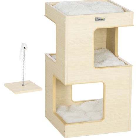 Cuccia per gatti in legno naturale a 2 livelli con gioco, 34 x 34 x 60 cm (1/5)