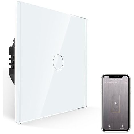 JIMEIDA Interrupteur intelligent tactile - Panneau en verre blanc - 600 W - Interrupteur intelligent pour Alexa, Google Home - 1 vitesse avec LED d'état - Conducteur neutre nécessaire (1/5)