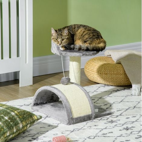 Tiragraffi per gatti 46 cm grigio con grotta, pallina e piattaforma rialzata (1/5)