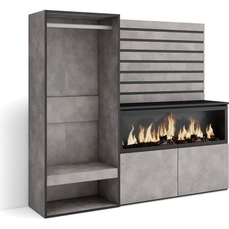 Skraut Home - Aparador, Con almacenamiento, 167x145x35 cm, Dormitorio, habitación, Chimenea eléctrica XXL, Vestidor abierto, Estilo Moderno, Gris Cemento (1/5)