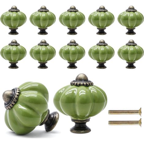 Lot de 12 boutons de tiroir en céramique vert sauge en forme de citrouille, style rétro, pour coiffeuse. Lot de 8 boutons verts.