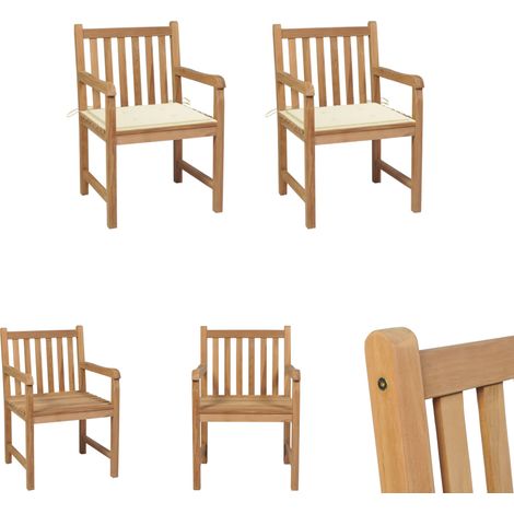 Teakholzstühle - vidaXL Gartenstühle 2 Stk. mit Cremeweißen Kissen Massivholz Teak - Gartenstühle mit Kissen (1/5)