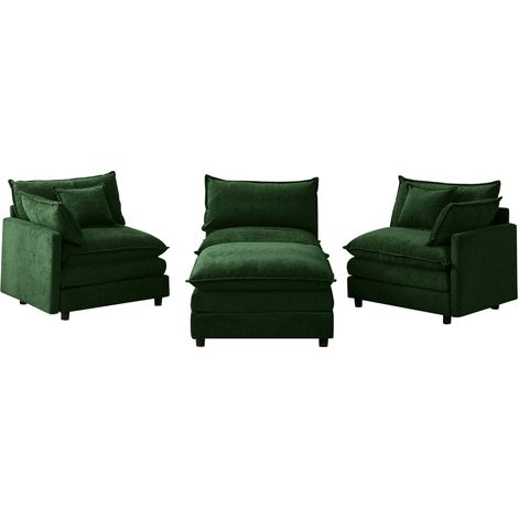 Divano angolare modulare 3 posti in ciniglia verde con chaise longue e pouf HOMVRA (1/5)