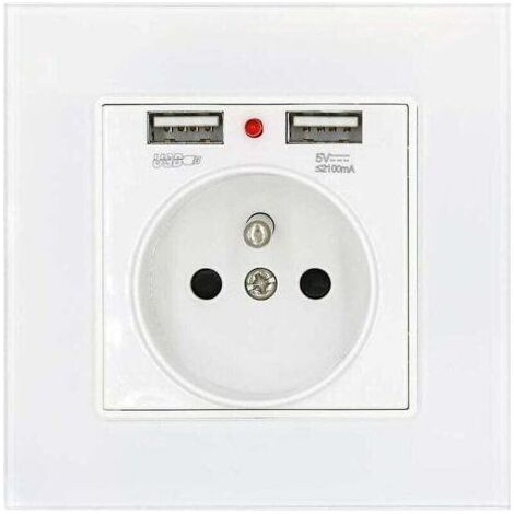 FENOPLASTICAPrise de Courant Panneau en Verre Prise Standard Français Murale avec Indicateur de Puissance de Charge Usb Double 2.1A, Prise Standard Français Encastrée 16A 250V Blanc (1/4)