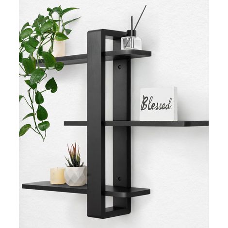 Étagère Murale Réglable 3 Niveaux Noire pour Salon, 50 x 58 cm Étagère flottante en bois massif longue, tablettes amovibles, pour plantes et photos, salon, chambre, bureau et salle de bain (1/5)
