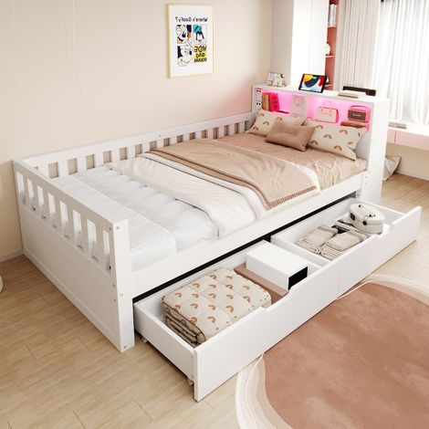 Lit banquette enfant en bois 90x200 cm avec tiroirs, tête de lit avec rangements, LED, prise secteur, USB et USB-C, sommier à lattes, pin et MDF,blanc (1/5)