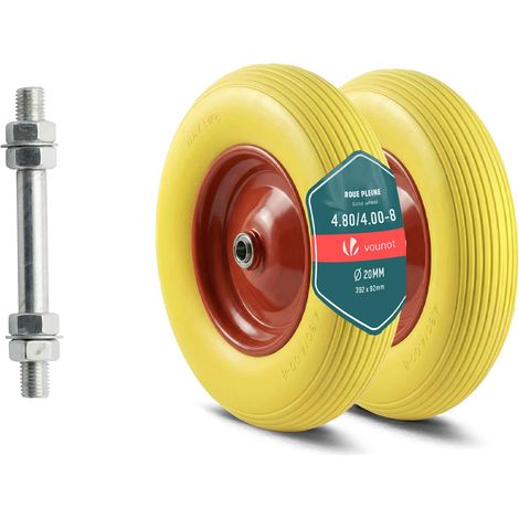 Lot de 2 Roue Increvable 4.80/4.00-8 en PU Roue de Brouette 392x92mm Alésage de 20 mm avec Axe Inclus et Roulements à Billes pour Diable Chariot et Remorque de Jardin Jaune (1/5)